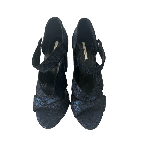 ZARA Blue Black Velvet Block Heels Size 37/ US 6.5 - Picture 3 of 9